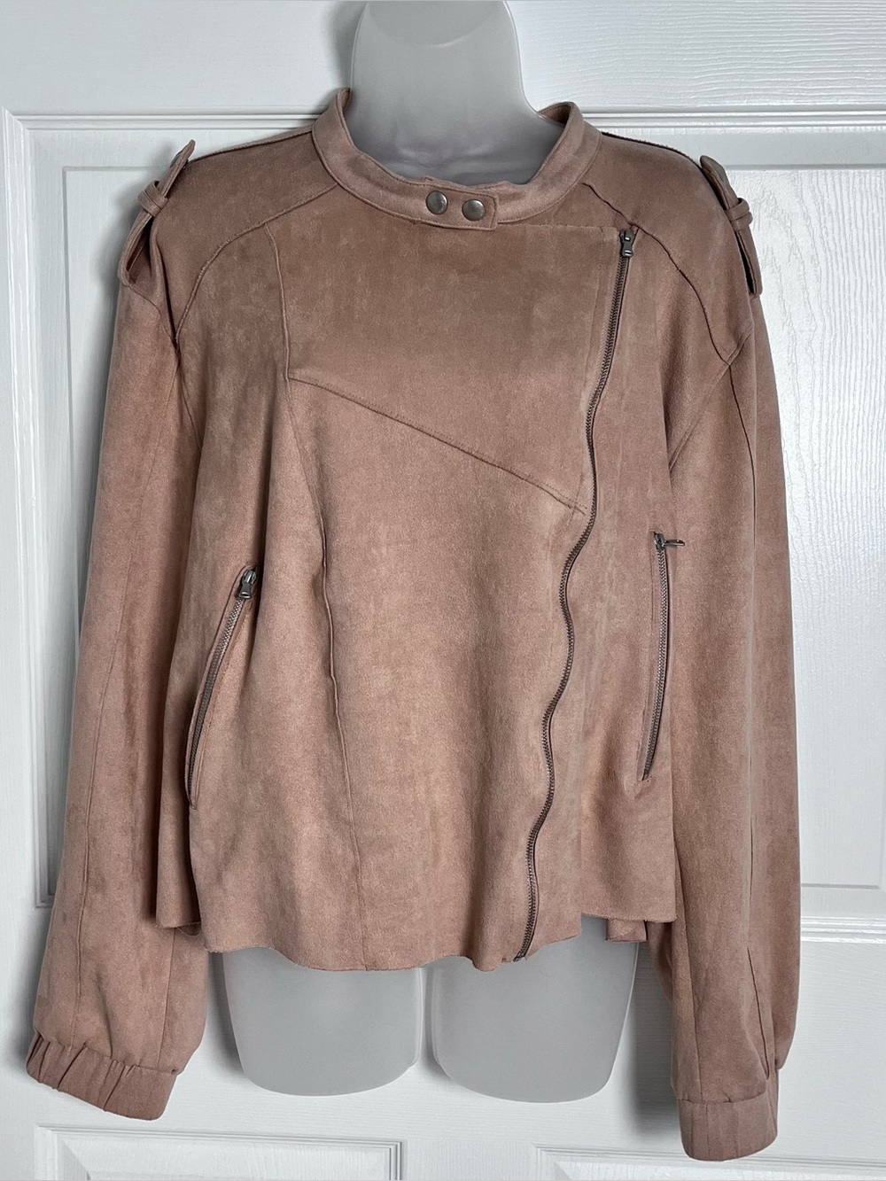 BLANKNYC Faux Suede Asymmetrical Draped Moto Jacket Tan/Taupe 1X